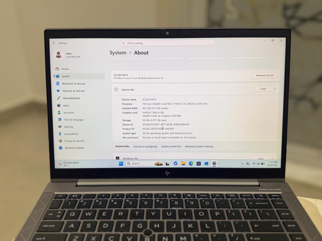 HP ZBook Firefly G8 14" Mobile Workstation Laptop Intel Core i7-1185G7 16GB RAM 512GB SSD NVIDIA T500 Graphics Windows 11 PRO (CERTIFIED USED) - Image 6